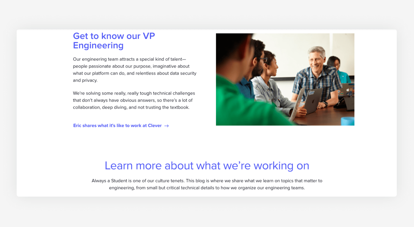 Clever's website career page example with employees