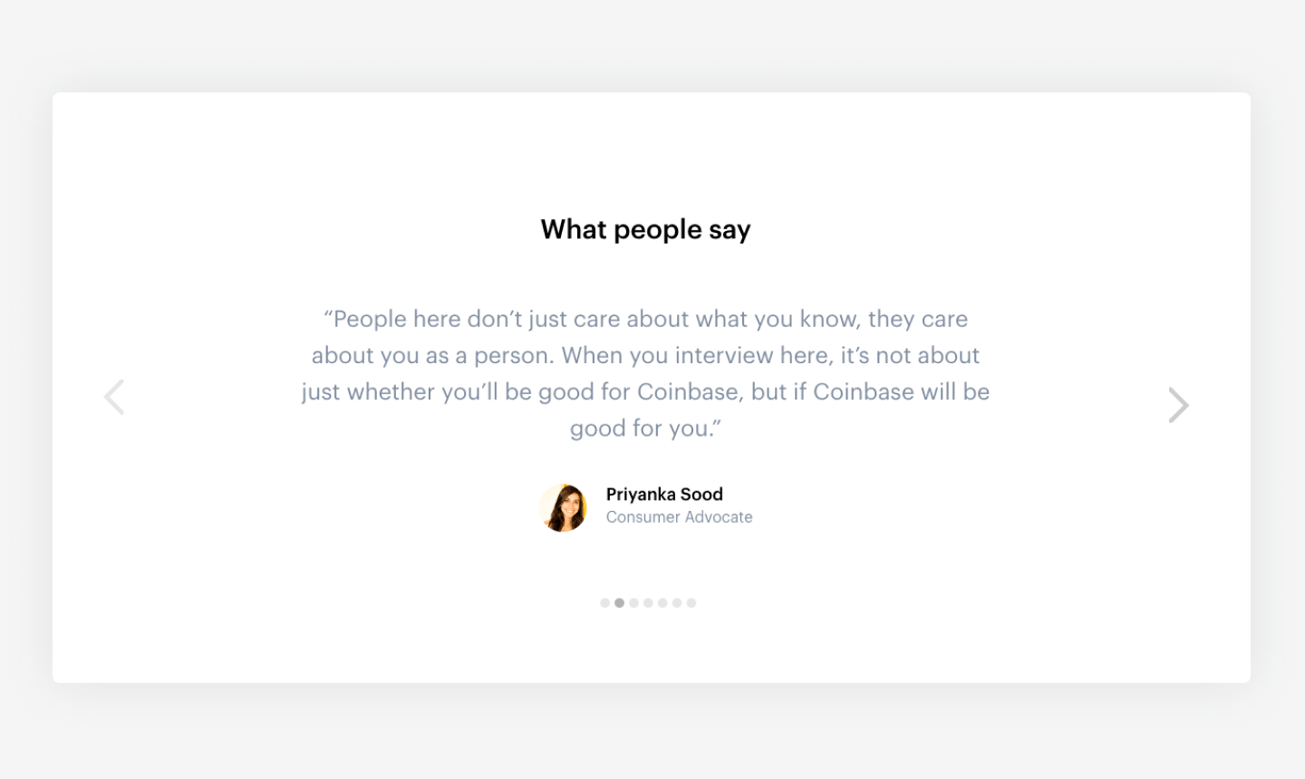 Coinbase's website career page example with an employee quote