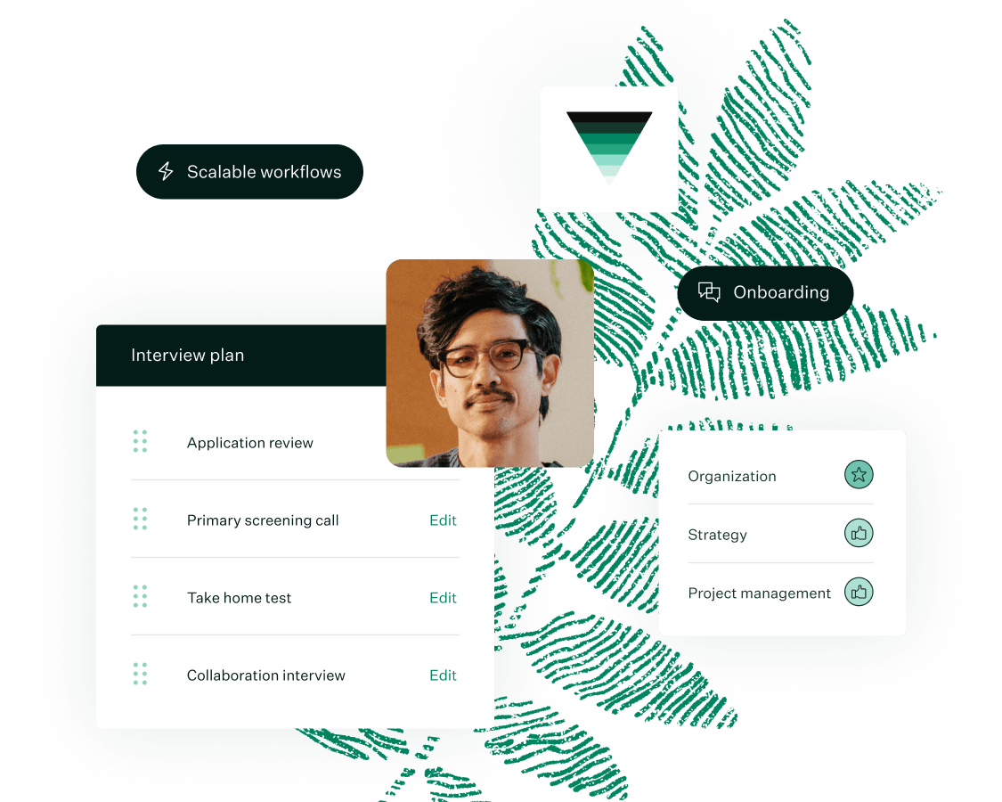 Collage of Greenhouse interviewing scorecard and funnel chart UI green fingerprint leaf and man with glasses M 300