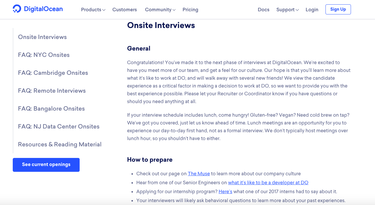 Screenshot of DigitalOcean’s central hub of resources for candidates.