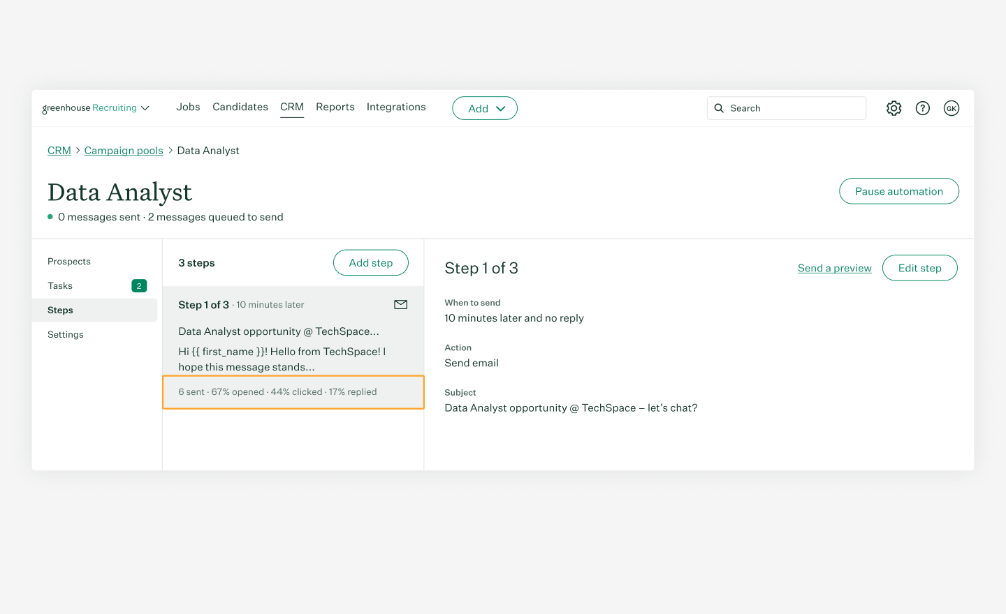 Greenhouse Sourcing Automation step-level reporting