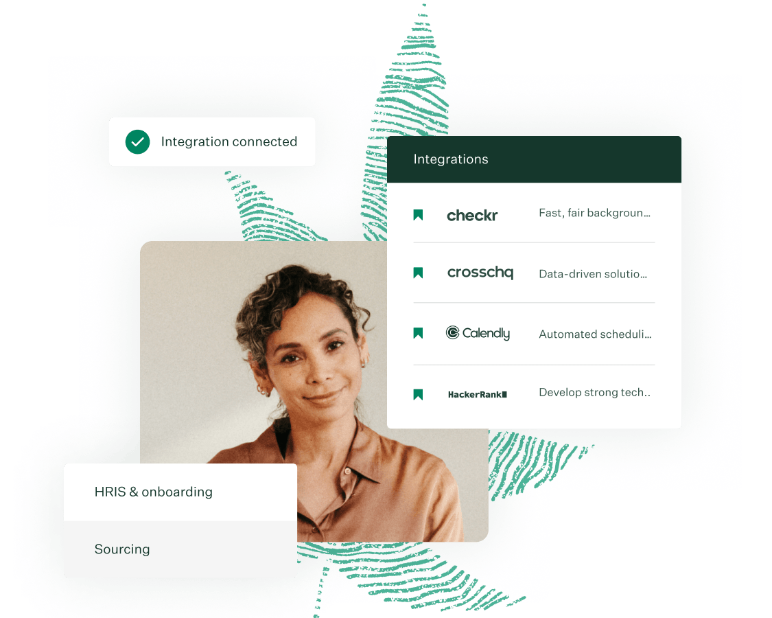 Greenhouse integrations ecosystem UI with fingerprint leaf collage M 300