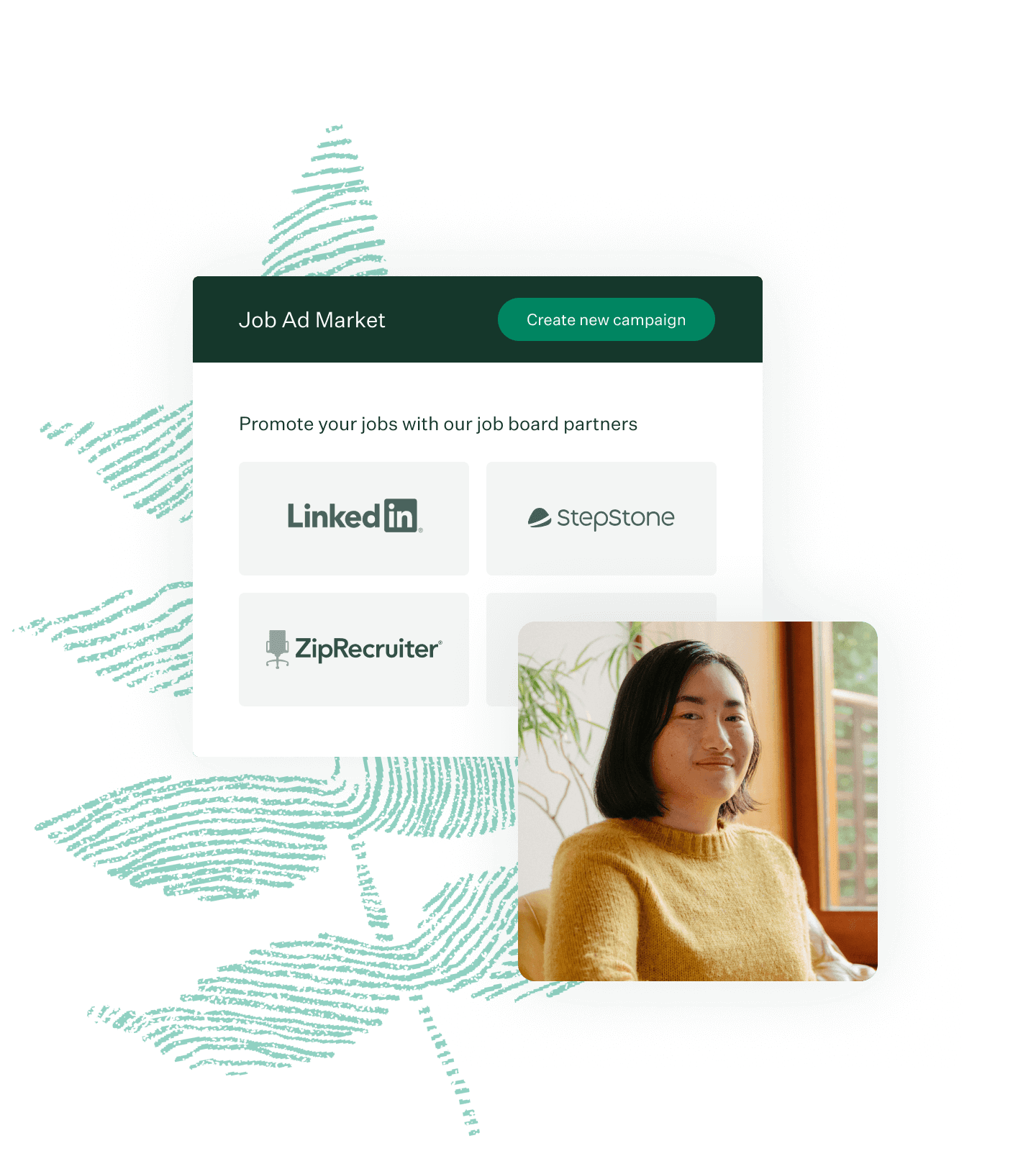 Greenhouse Job Ad Market UI woman in yellow sweater and green fingerprint leaf illustration