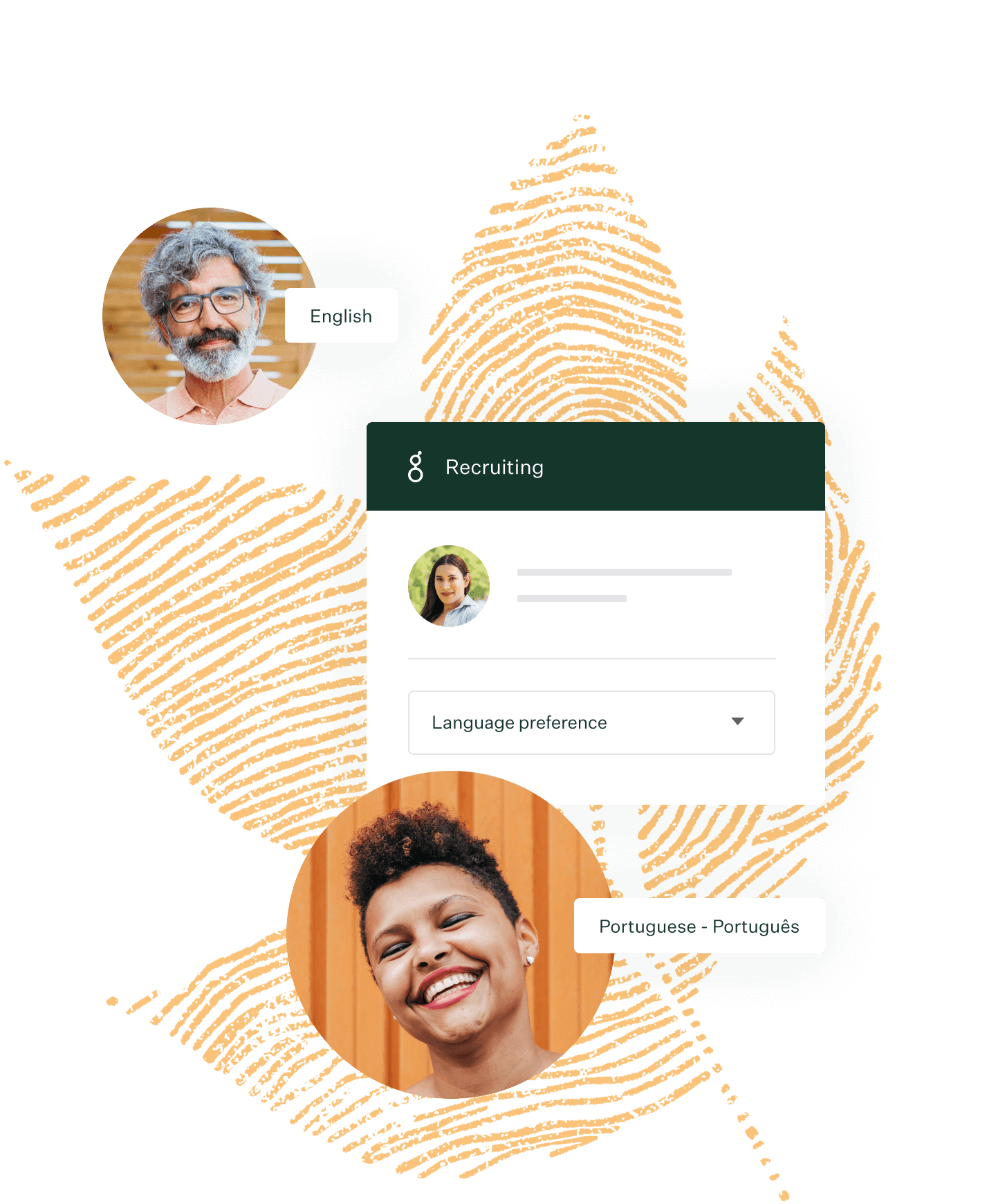 Greenhouse language preference UI collage with yellow fingerprint leaf illustration hero 2x