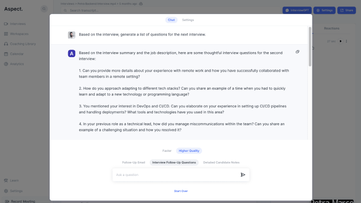 Uncover the power of InterviewGPT, your personal interview search engine. Pull up past interview details in a flash, perfect for follow-ups.