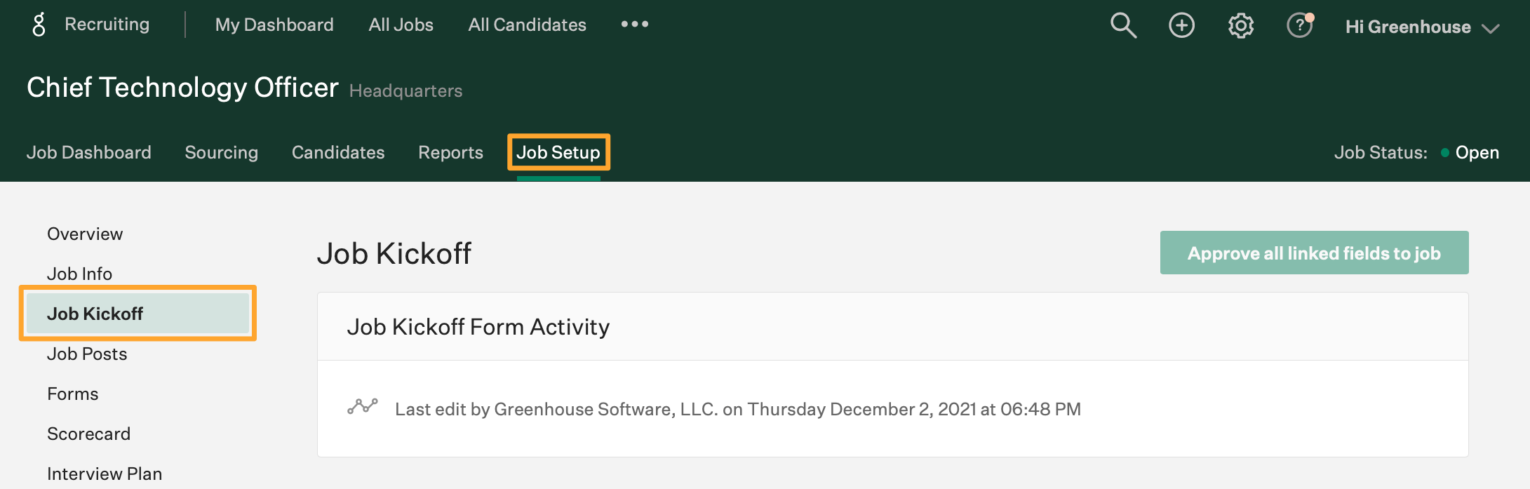 Job Setup tab in Greenhouse recruiting screenshot