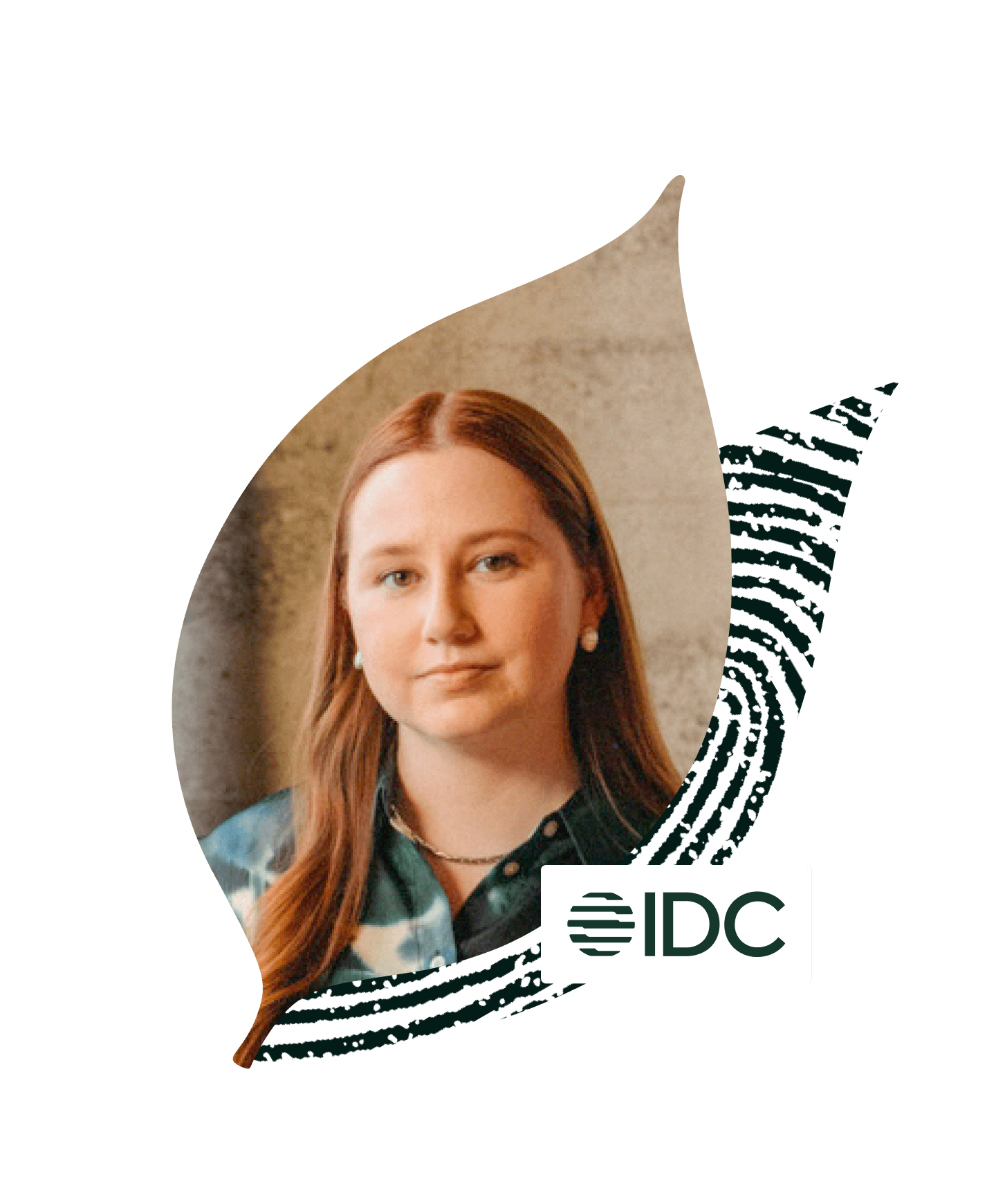 Portrait of woman in business attire and silo leaf motif with IDC logo