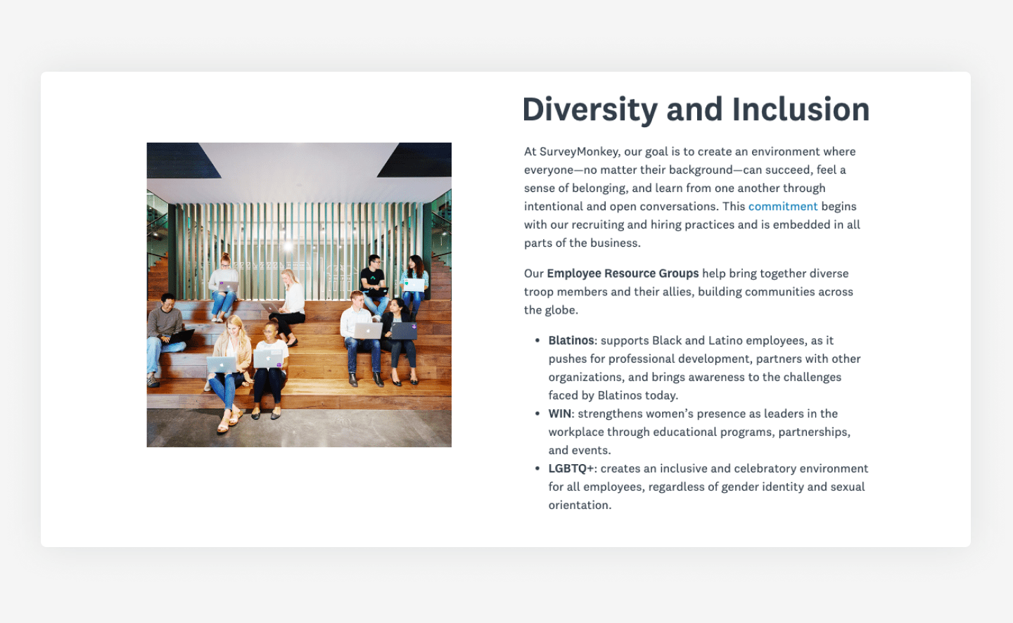 SurveyMonkey's website career page example of their DE&I commitment
