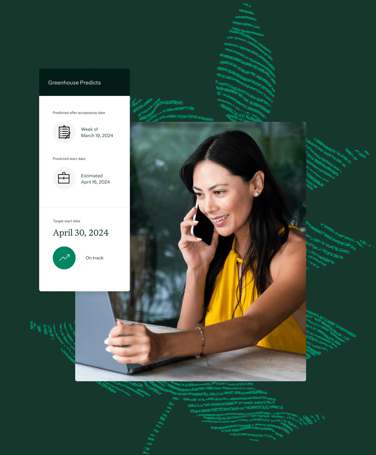 Worman smiling while talking on phone holding laptop next to Greenhouse predicts ui screen